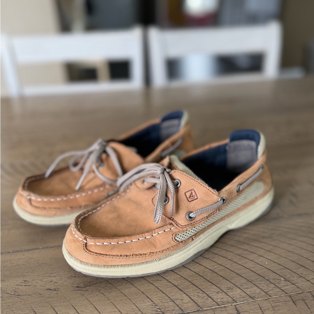 SPERRY TOP-SIDER Lanyard Boys Boat Shoes Tan Leather Upper US 4.5M Preppy